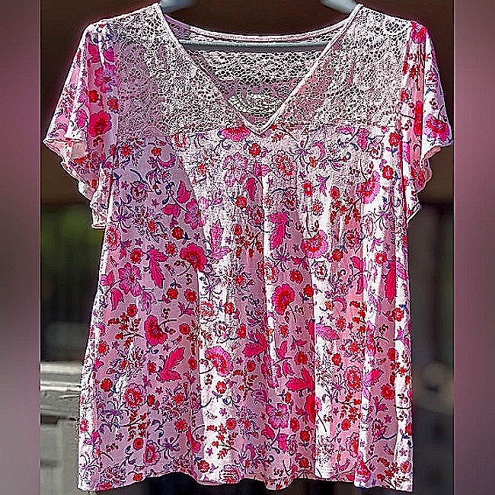 Pink knit jersey slub lace yoke top from Torrid